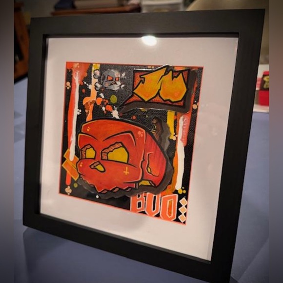 Original Art - Pumpkin Boo - Graffiti Style Skull Art on Canvas Board Framed - Picture 3 of 4